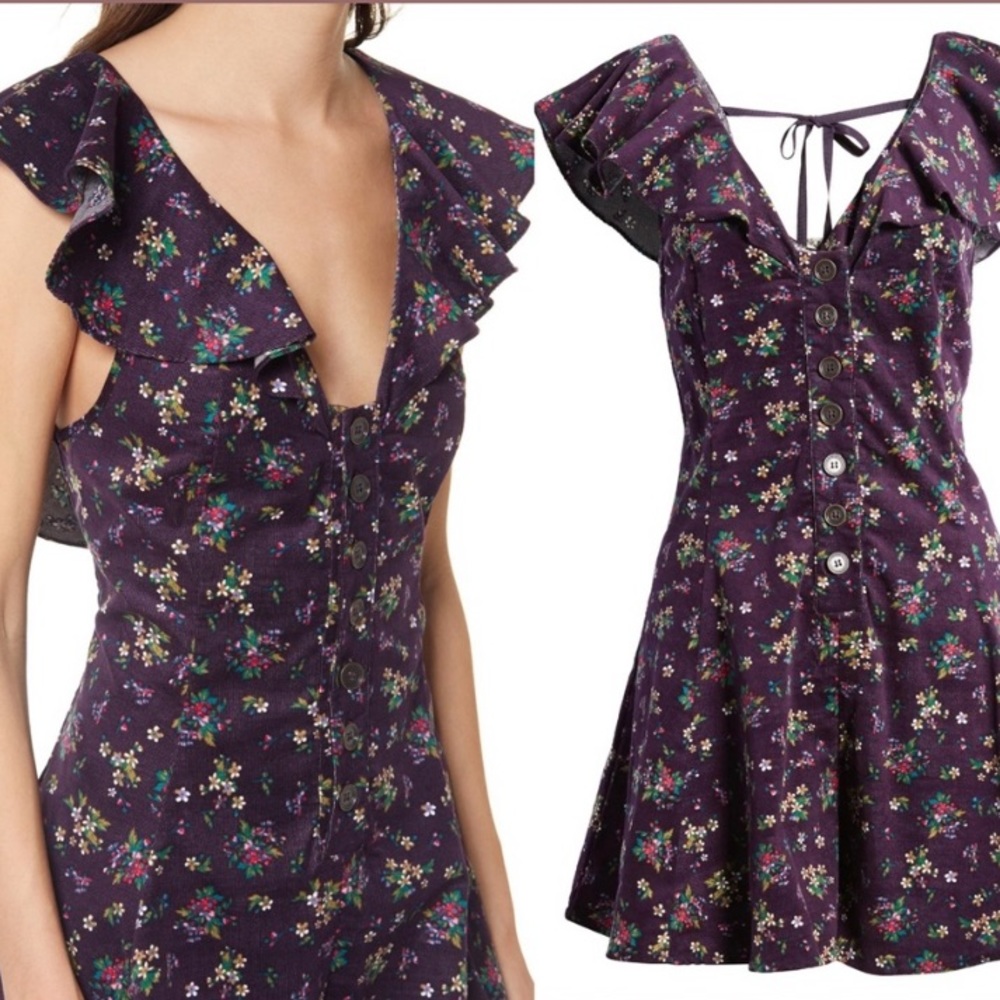 Free People Violet Visions floral ruffle corduroy romper